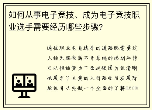 如何从事电子竞技、成为电子竞技职业选手需要经历哪些步骤？